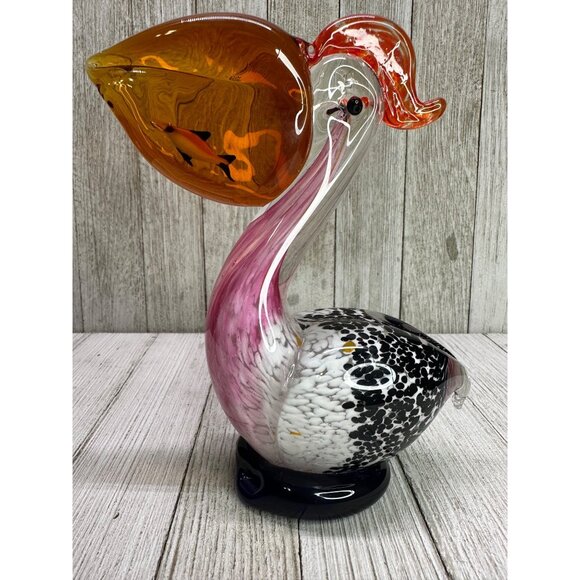 Vtg Hand Blown Art Glass Pelican Bird w/ Fish Figurine Paper Weight 6.5" Tall - Picture 4 of 13